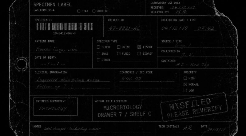 A specimen label outlined in white on black, symbolizing diagnostic misclassification and broken chains of reference.