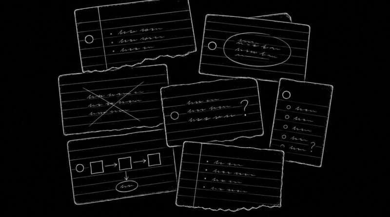 A scattered set of overlapping note slips and marked fragments on a black background, symbolizing disordered information and fragmented cognition.