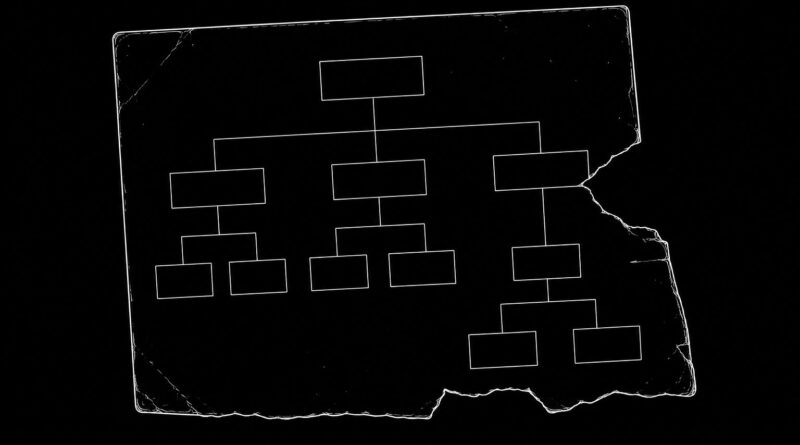A fragmented organizational chart with boxes and connecting lines, symbolizing hierarchy, institutional structure, and partial system visibility.