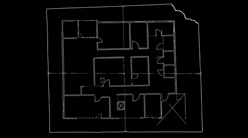 An outdated building floor plan sketched in white lines on black, representing structural misalignment and inherited systems.