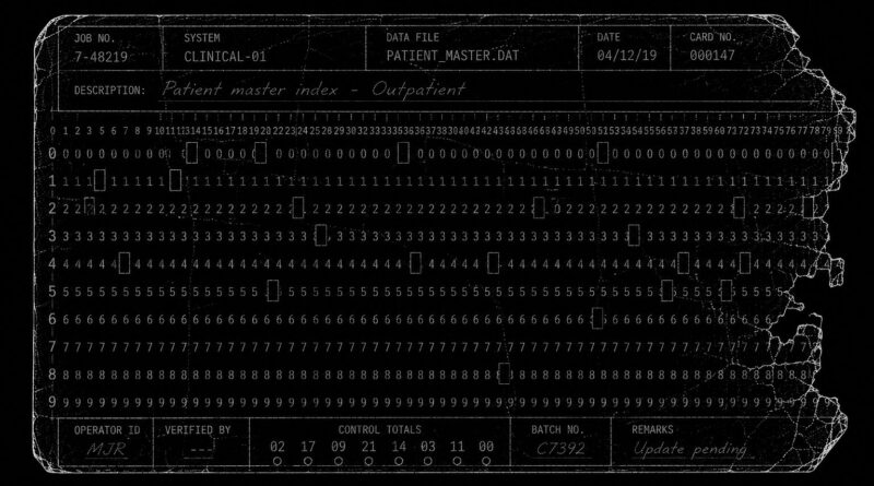 A patient master index sheet with rows of identifiers and records, symbolizing centralized medical record systems and identity tracking.