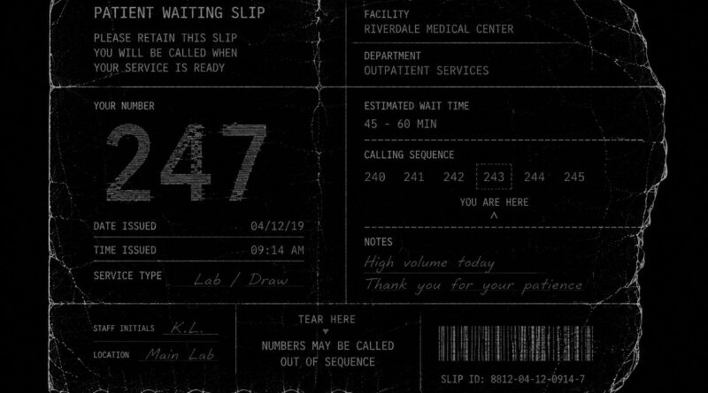 A patient waiting slip outlined in white on black, symbolizing procedural delay and institutional healthcare systems.