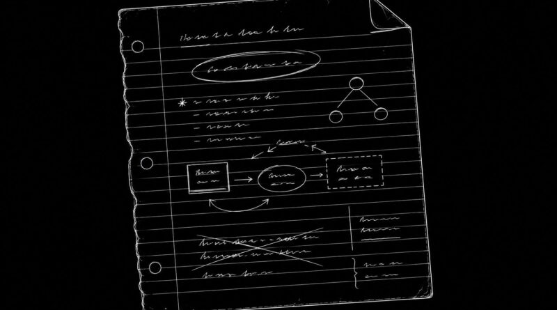 A dark conceptual sketch page with notes, diagrams, and unfinished theory structures representing developing ideas and recursive thought.